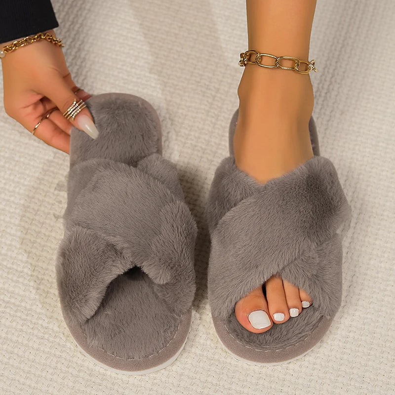 Cozy Lune CloudSlides β Fluffy Cross Slippers