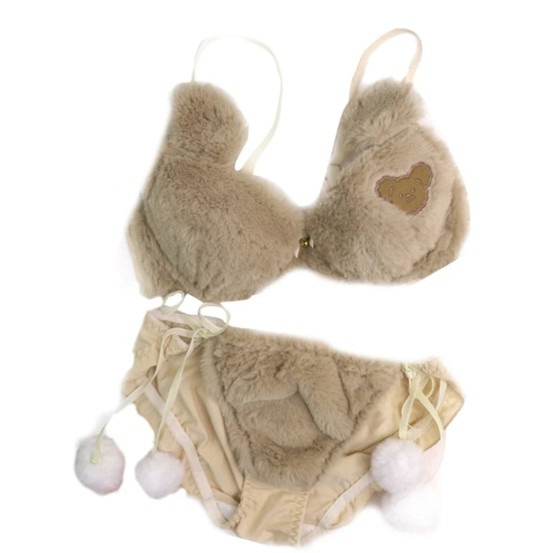 Cozy Lune HoneyHeart Set – Fluffy Beige Bikini with Heart Cutout