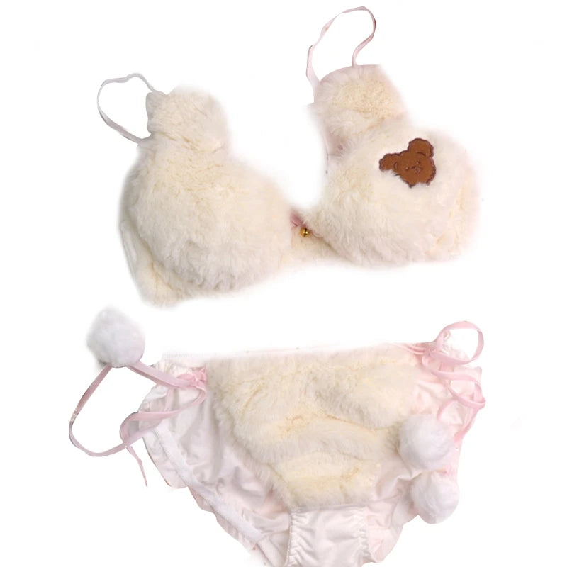 Cozy Lune HoneyHeart Set – Fluffy Beige Bikini with Heart Cutout