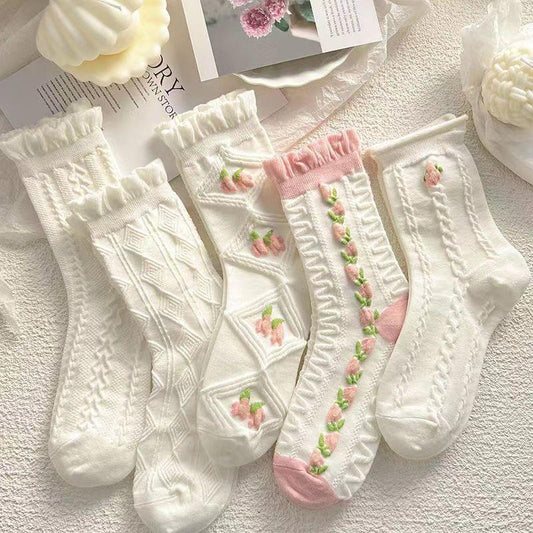 Cozy Lune BloomKnit Socks – 5-Pair Embroidered Set