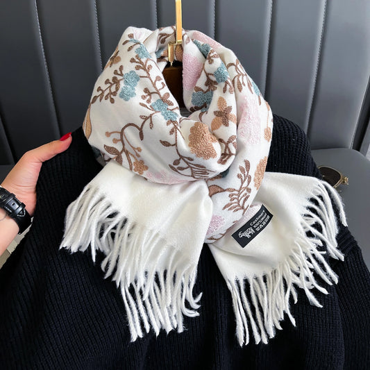 Cozy Lune BloomScarf – Embroidered Cashmere-Blend Scarf